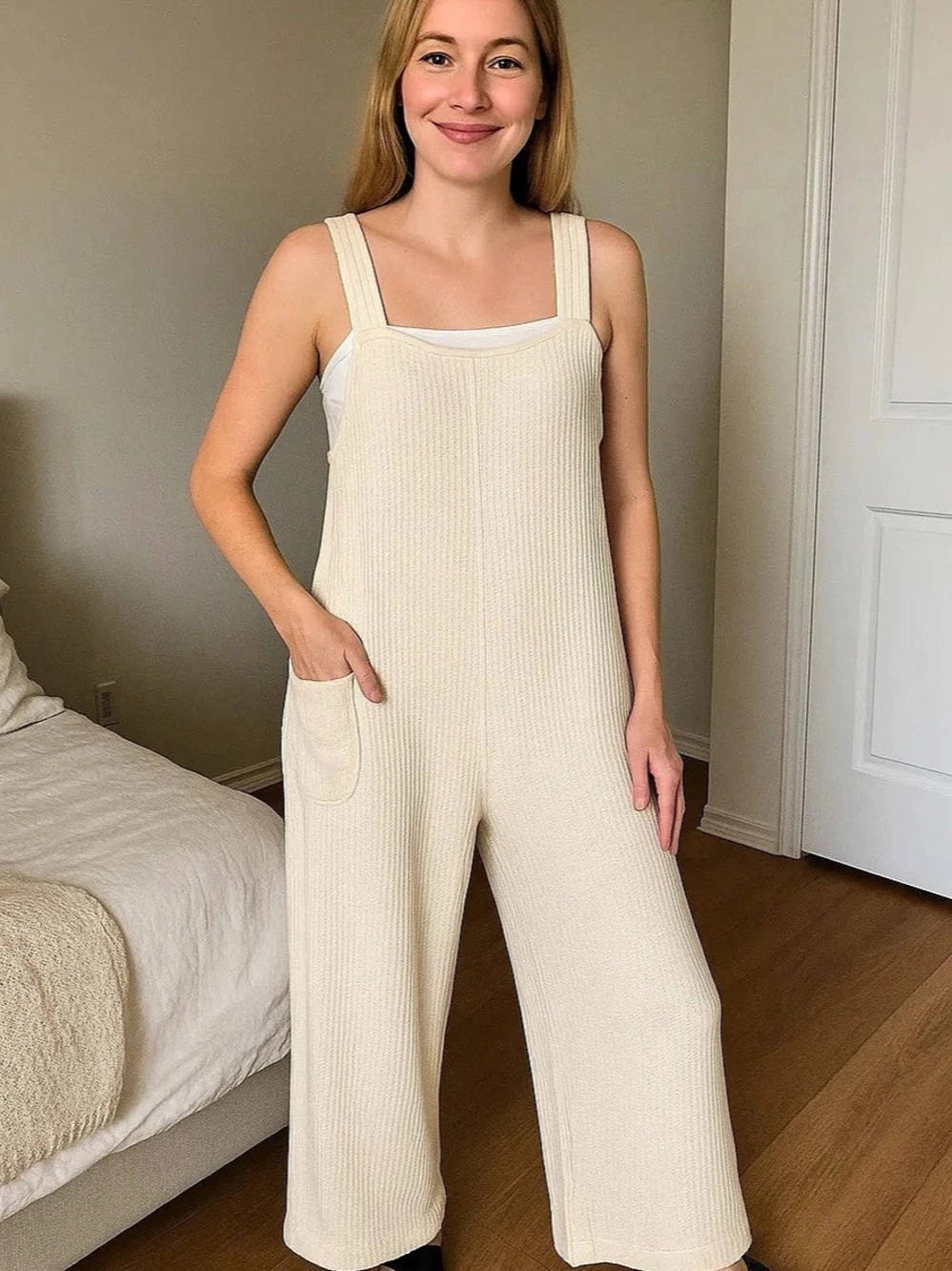 ZENANA Knit Waffle Wide Leg Overalls Waffle Wide Leg Overalls in Cream Size M